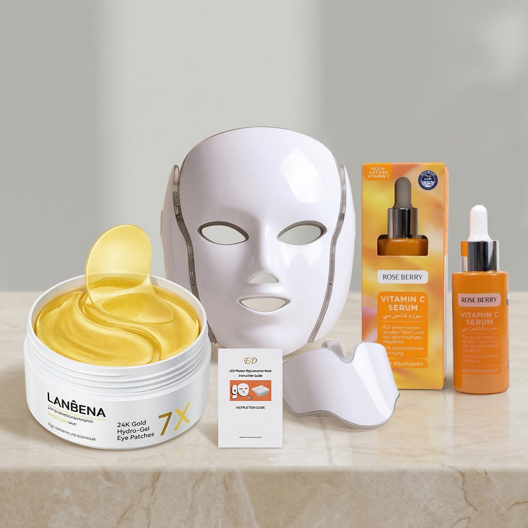 GlowKiv Ultimate Glow Kit - LED Photon  Face Mask + Vitamin C Serum + 24K Gold  Eye Patches